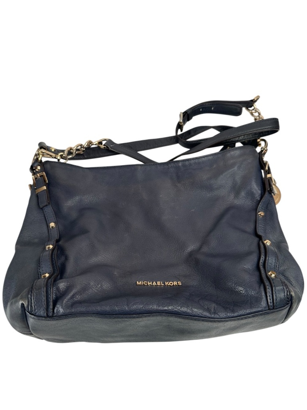 Michael Kors Astor Studded Pebbled Leather Hobo Shoulder Bag Navy Gold